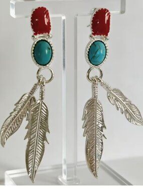 Turquoise & Coral for Feather Drop Earrings Native American Artisan Statement